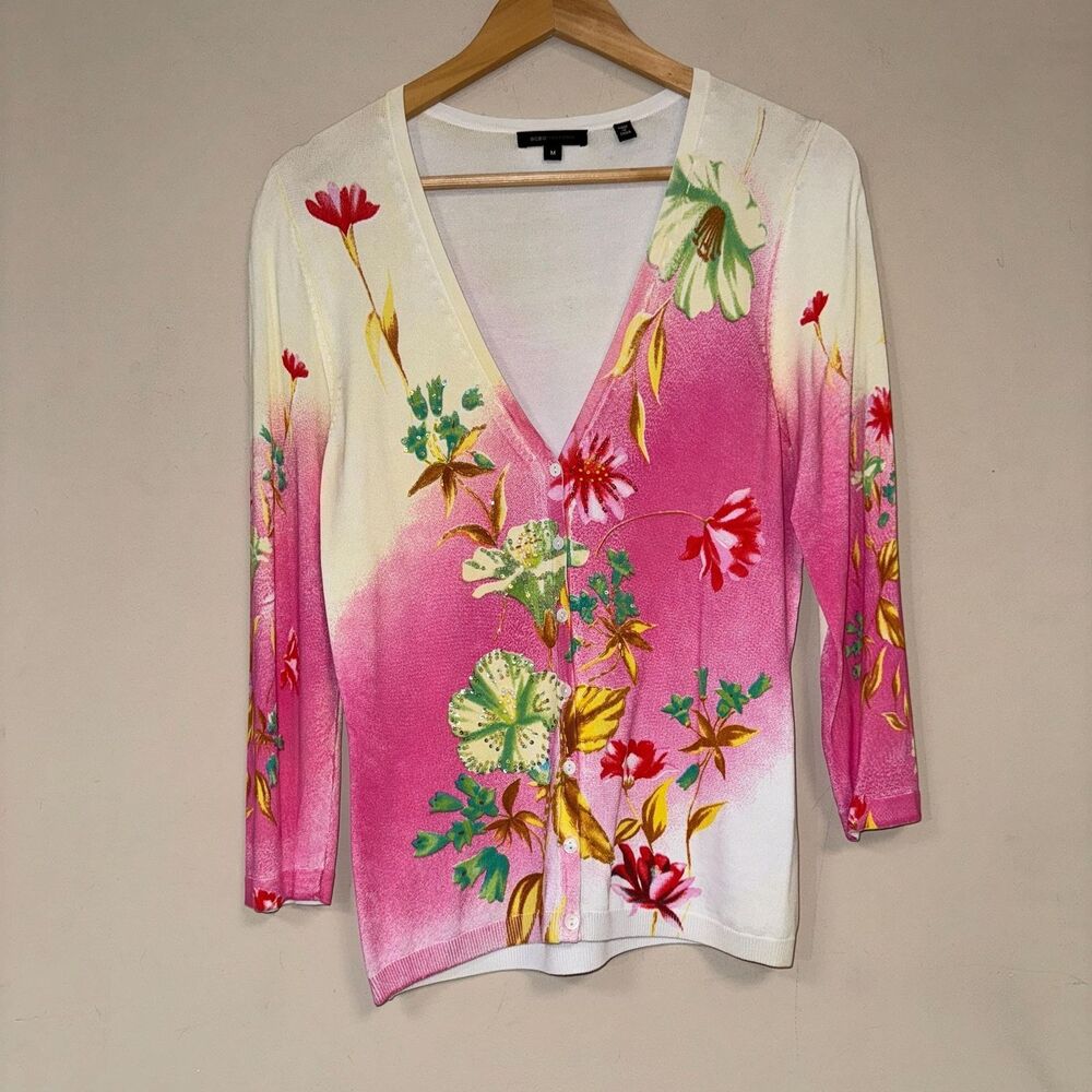 BCBG Cardigan Sweater Womens M Floral Beaded VNeck Pink White Spring Lightweight